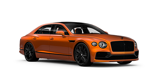 Bentley Birmingham Bentley Flying Spur Speed front side angled view in Orange Flame coloured exterior. 