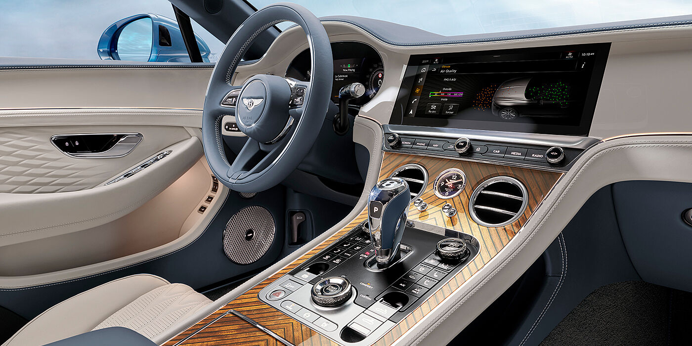 Bentley Birmingham New Bentley Continental GTC Azure convertible interior front cabin view with Linen and Brunel hides and Piano Linen by Mulliner veneer featuring centre console and centre MMI screen