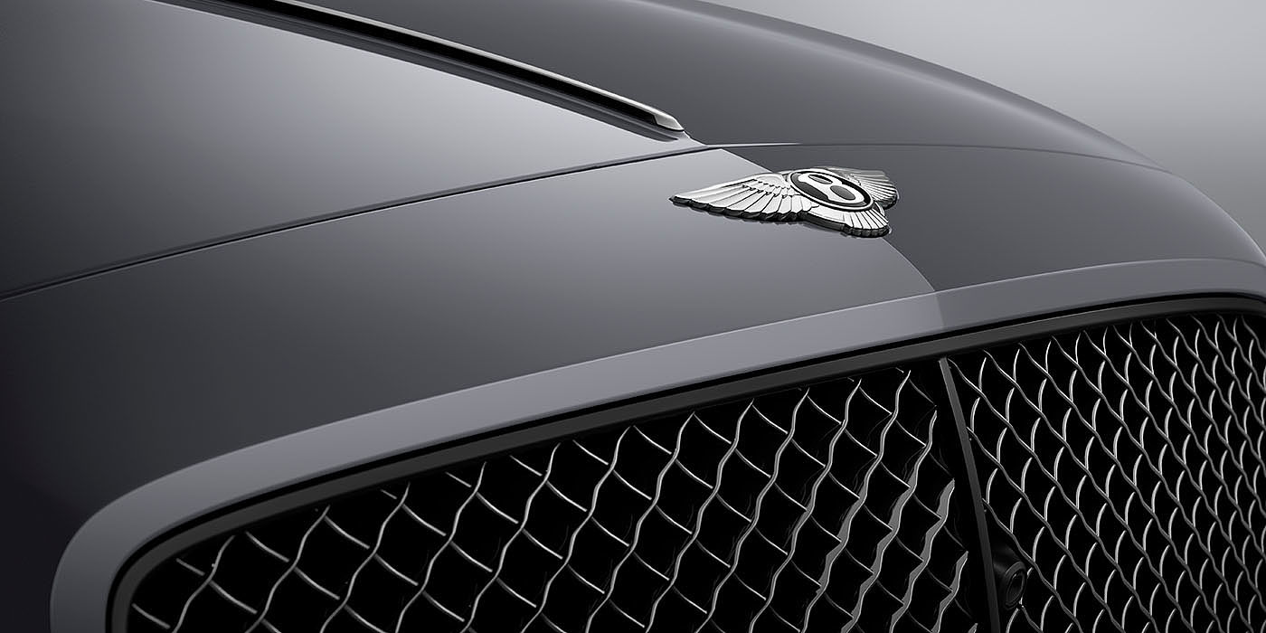 Bentley Birmingham Bentley Flying Spur S Cambrian Grey colour, featuring Bentley insignia and assertive matrix front grillle