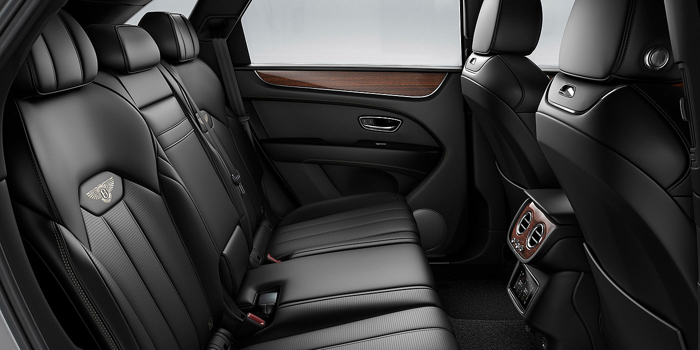 Bentley Birmingham Bentey Bentayga interior view for rear passengers with Beluga black hide.