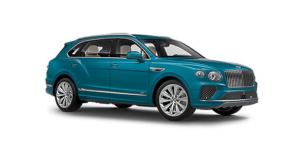 Bentley Birmingham Bentley Bentayga EWB Azure front side angled view in Topaz blue coloured exterior. 