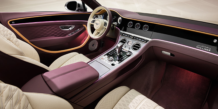 Bentley Birmingham Bentley Continental GTC Mulliner convertible front interior including Linen and Damson purple hides and Grand Black veneer